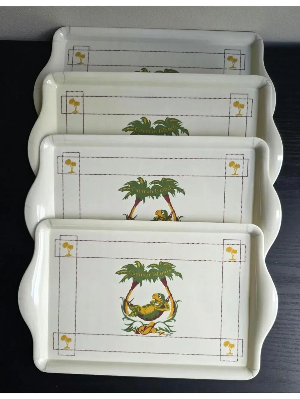 Set of 4 Vintage Cayman Islands PDL Plastic Serving Trays with Sir Turtle Design